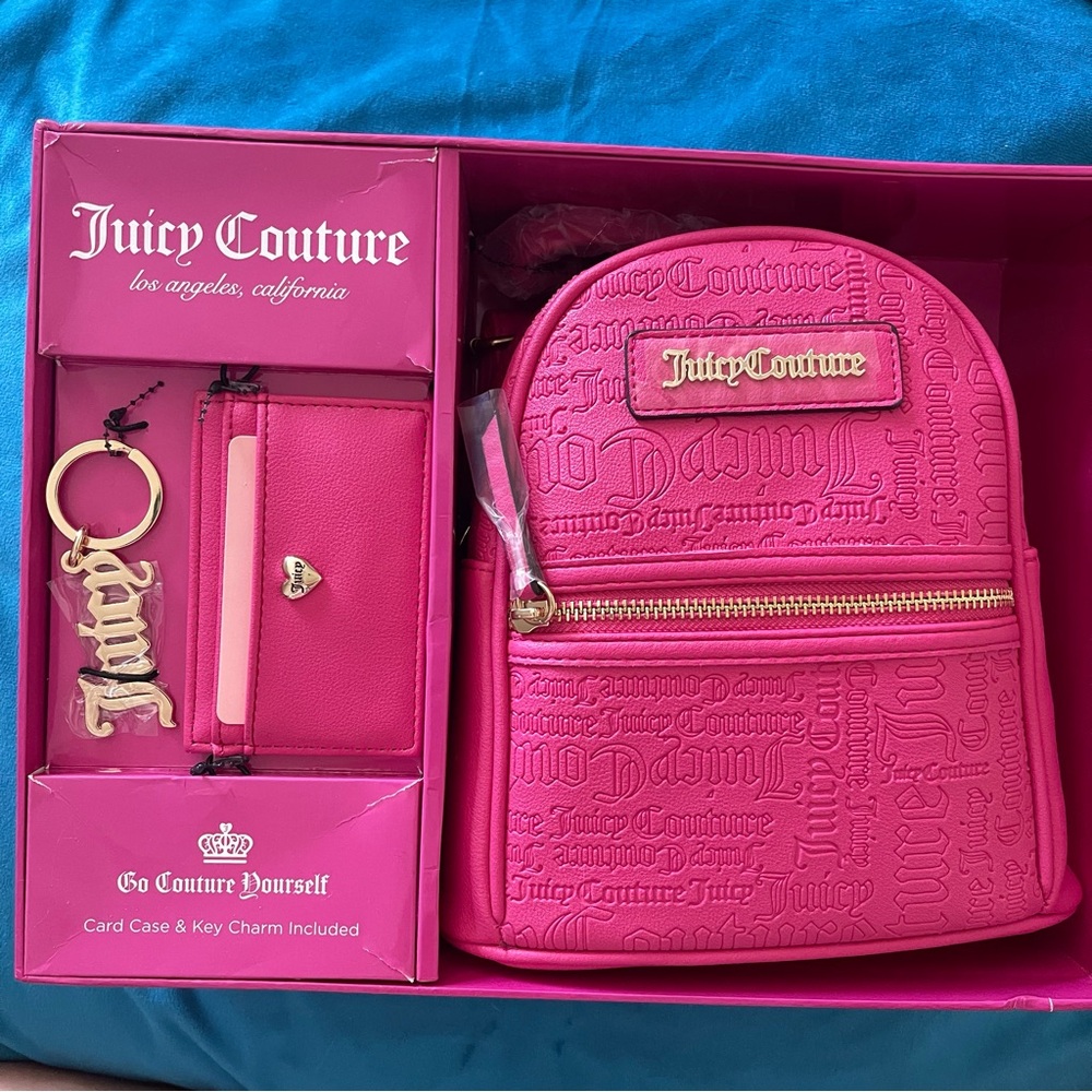 Juicy Couture Hot Pink Embossed Mini Backpack & Card Case Set